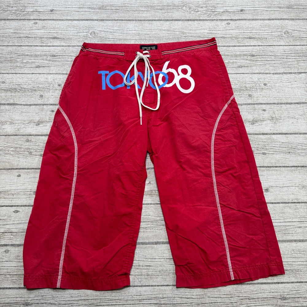 Y2K Esprit de Corp Board Shorts Men's 34 Red Tokyo 68 Graphic Long Swim Trunks